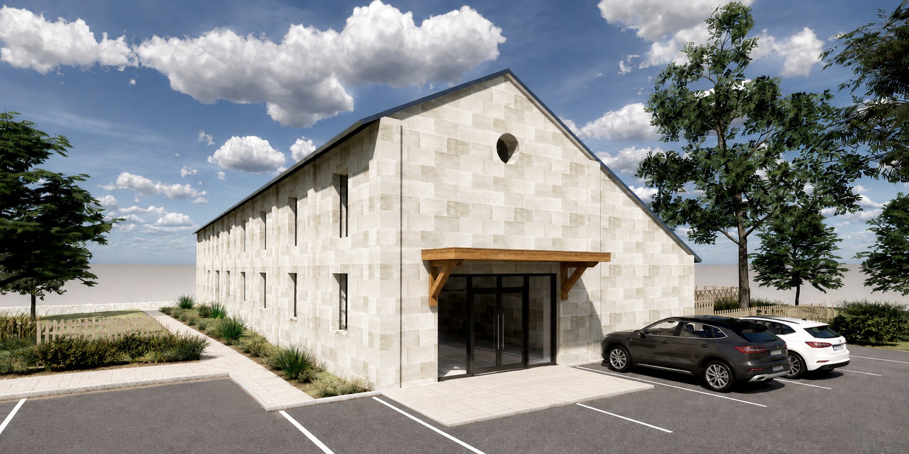 Illustration extérieure du futur site Charente Box avec entrée sous auvent et parking